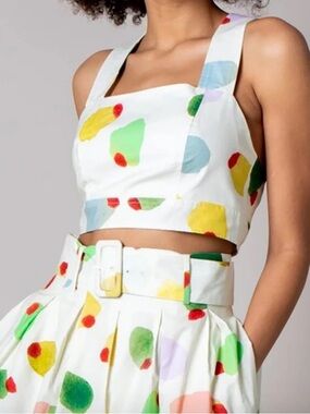 Rachel Antonoff White Two-Piece Top & Belted Skirt with Colorful Olives